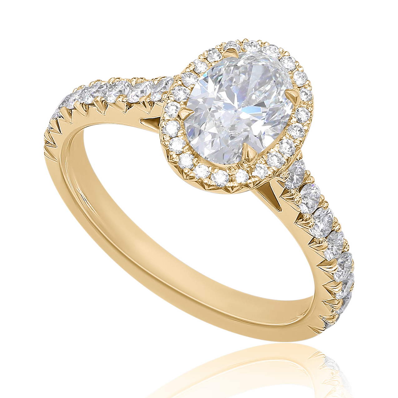 Bague de fiançailles ovale Exquise en or jaune 18k à halo et épaulée de diamants