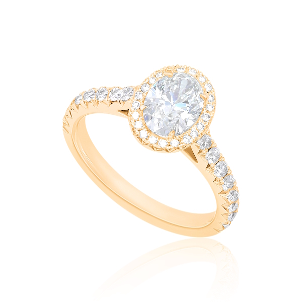 Bague de fiançailles ovale Exquise en or rose 18k à halo et épaulée de diamants