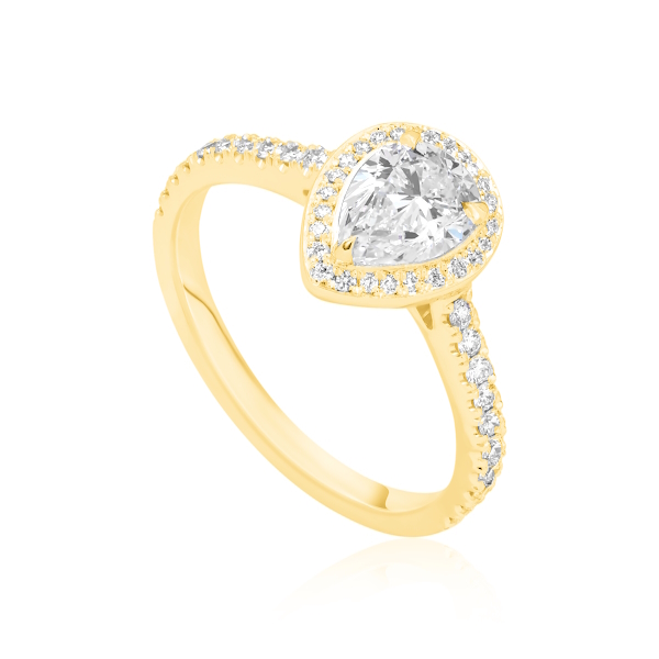 Bague diamant poire Passionnée en or jaune 18k à halo et épaulée de diamants