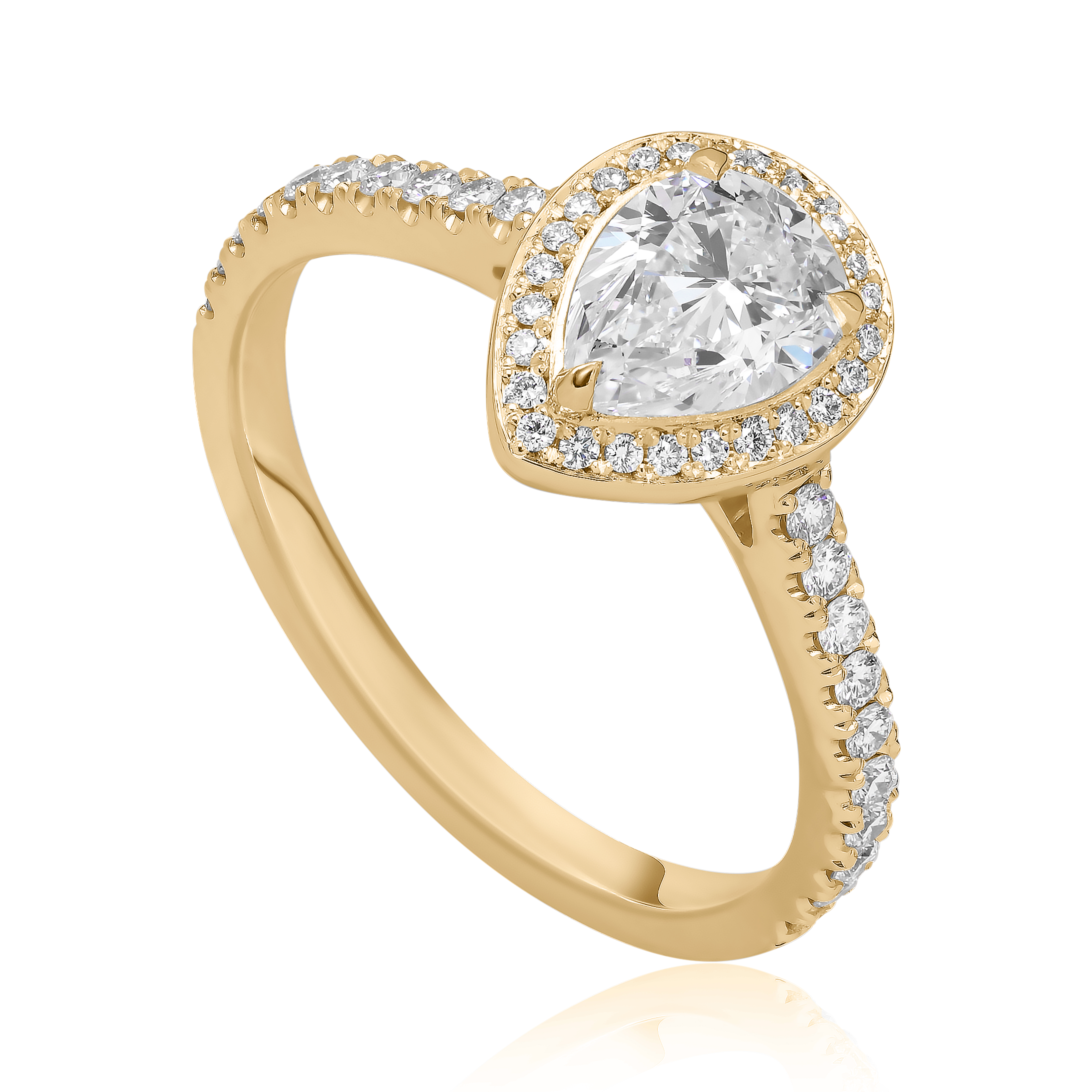 Bague diamant poire Passionnée en or jaune 18k à halo et épaulée de diamants