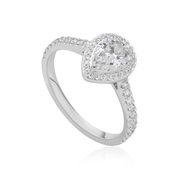 Bague diamant poire Passionnée en platine à halo et épaulée de diamants