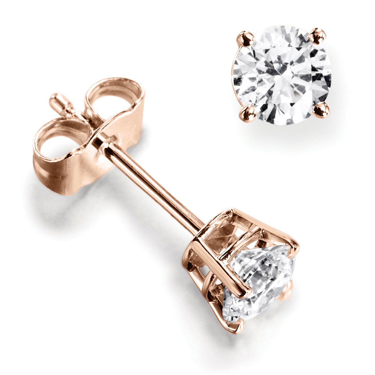 Belles boucles d’oreilles diamant en or rose 18k, quatre griffes et panier