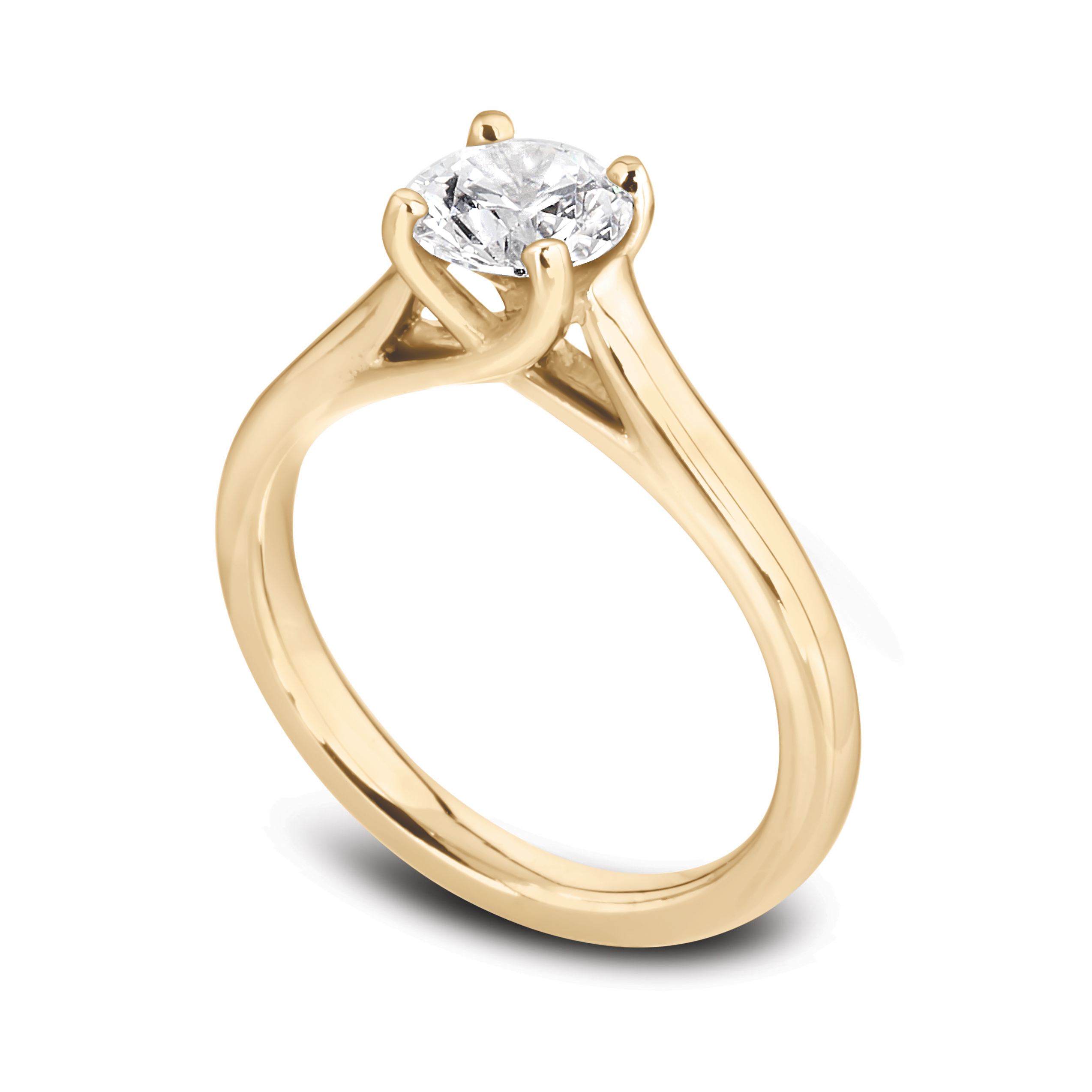 Solitaire diamant Raffiné en or jaune 18k, cathédrale et quatre griffes en treillis