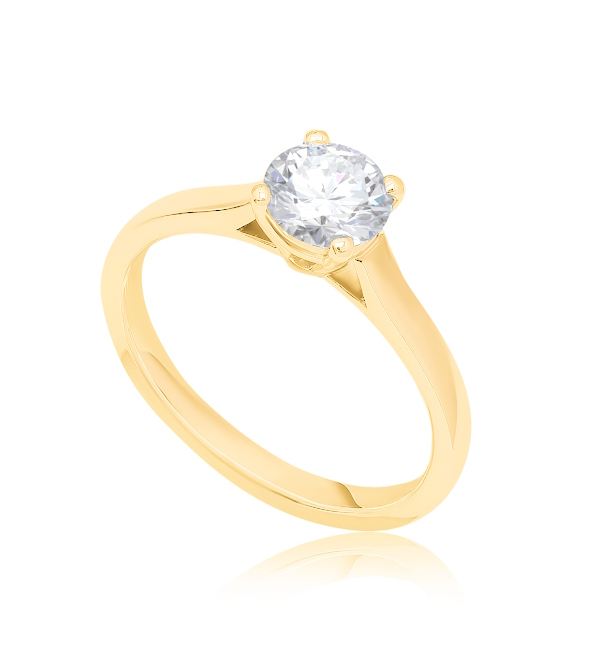 Bague solitaire diamant Valorisée en or jaune 18k à cathédrale